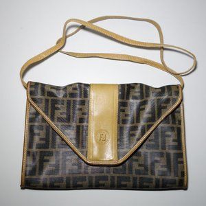 Vtg 1980’s Fendi FF Zucca Coated Canvas & Leather Monogram Envelope Clutch Bag